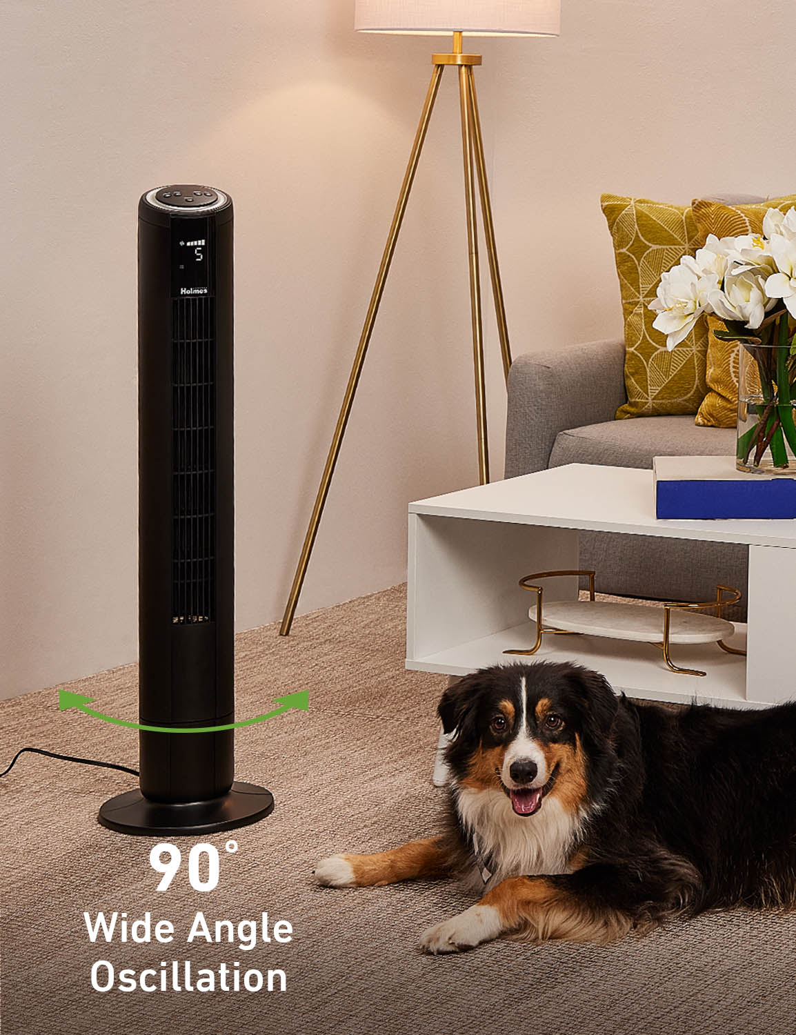 Holmes 42" SmartConnect WiFi 5-Speed Digital Tower Fan, Black