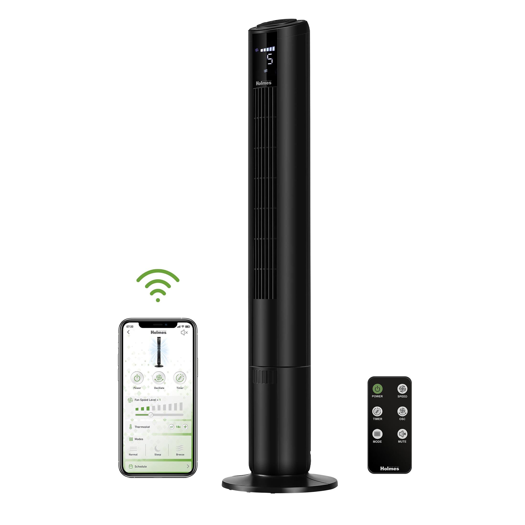 Holmes 42" SmartConnect WiFi 5-Speed Digital Tower Fan, Black