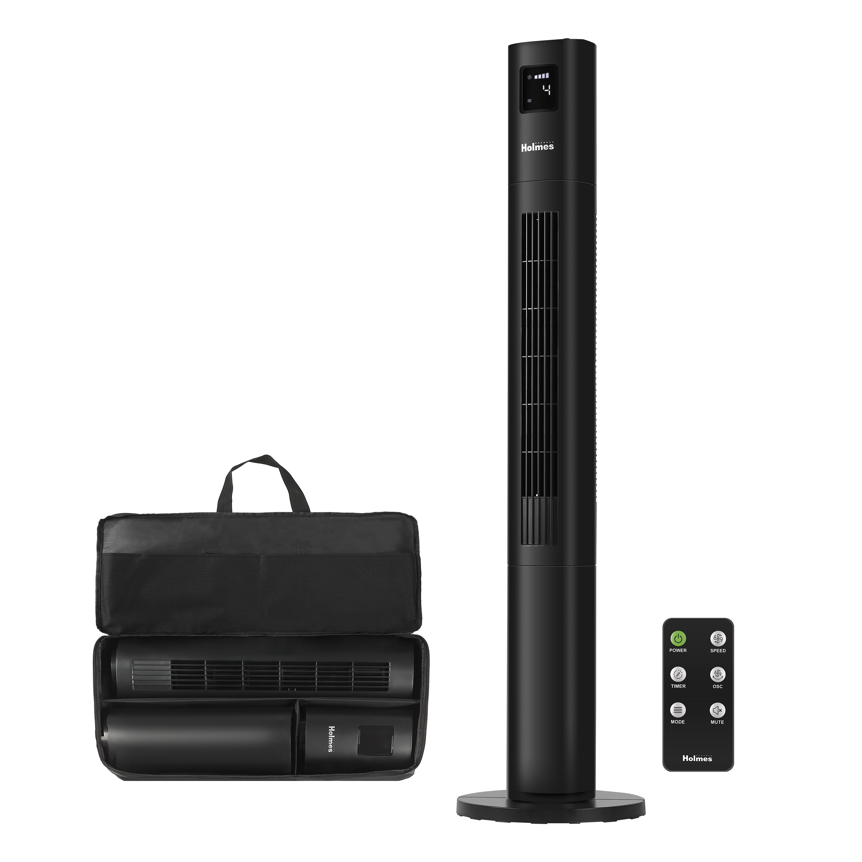 Holmes 45" Stack-N-Connect Oscillating 4-Speed Digital Tower Fan with Storage Bag and Remote Control Black