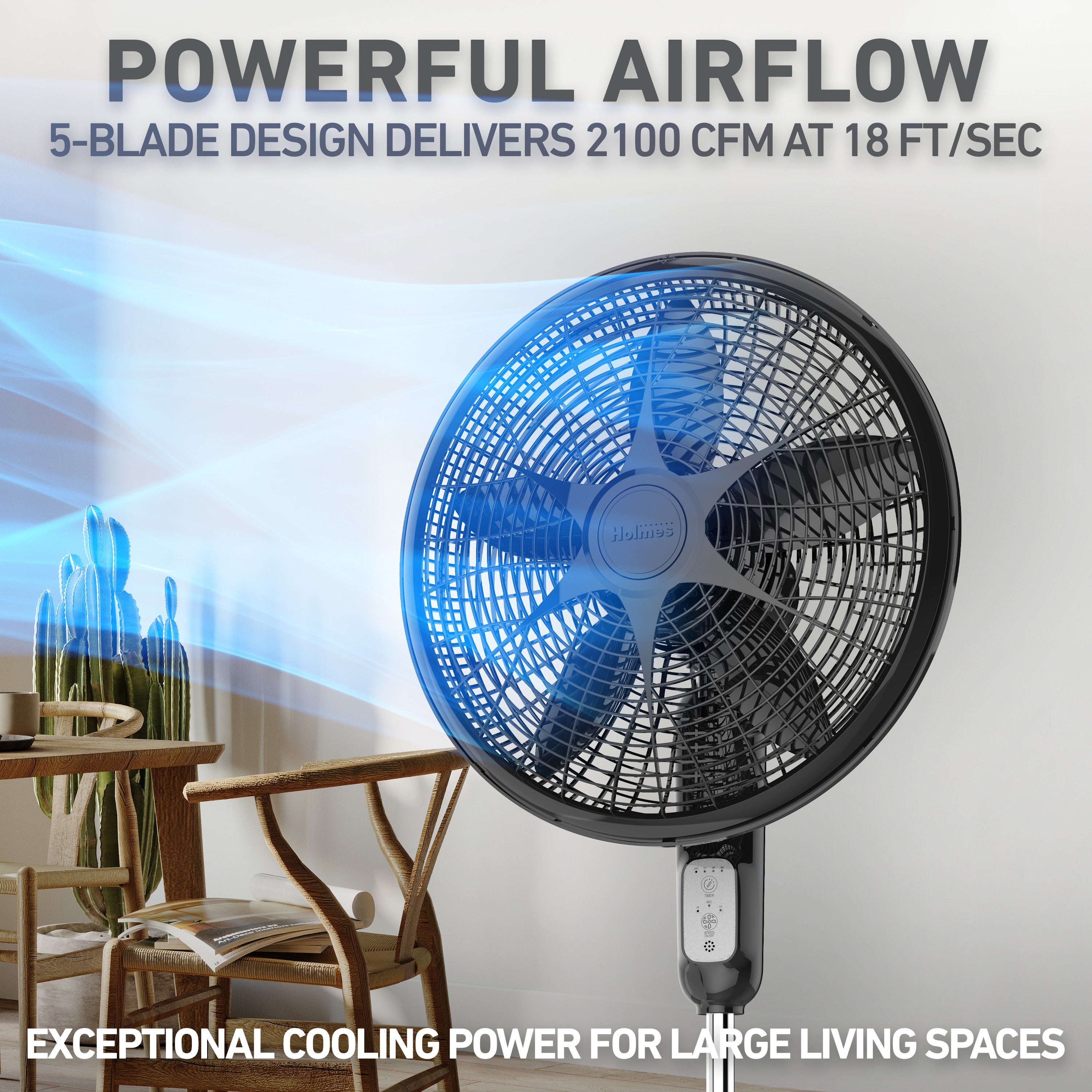Holmes 18 Inch Oscillating Stand Fan 3 Speed Powerful Airflow Adjustable Height 30 Degree Tilt Wide Angle