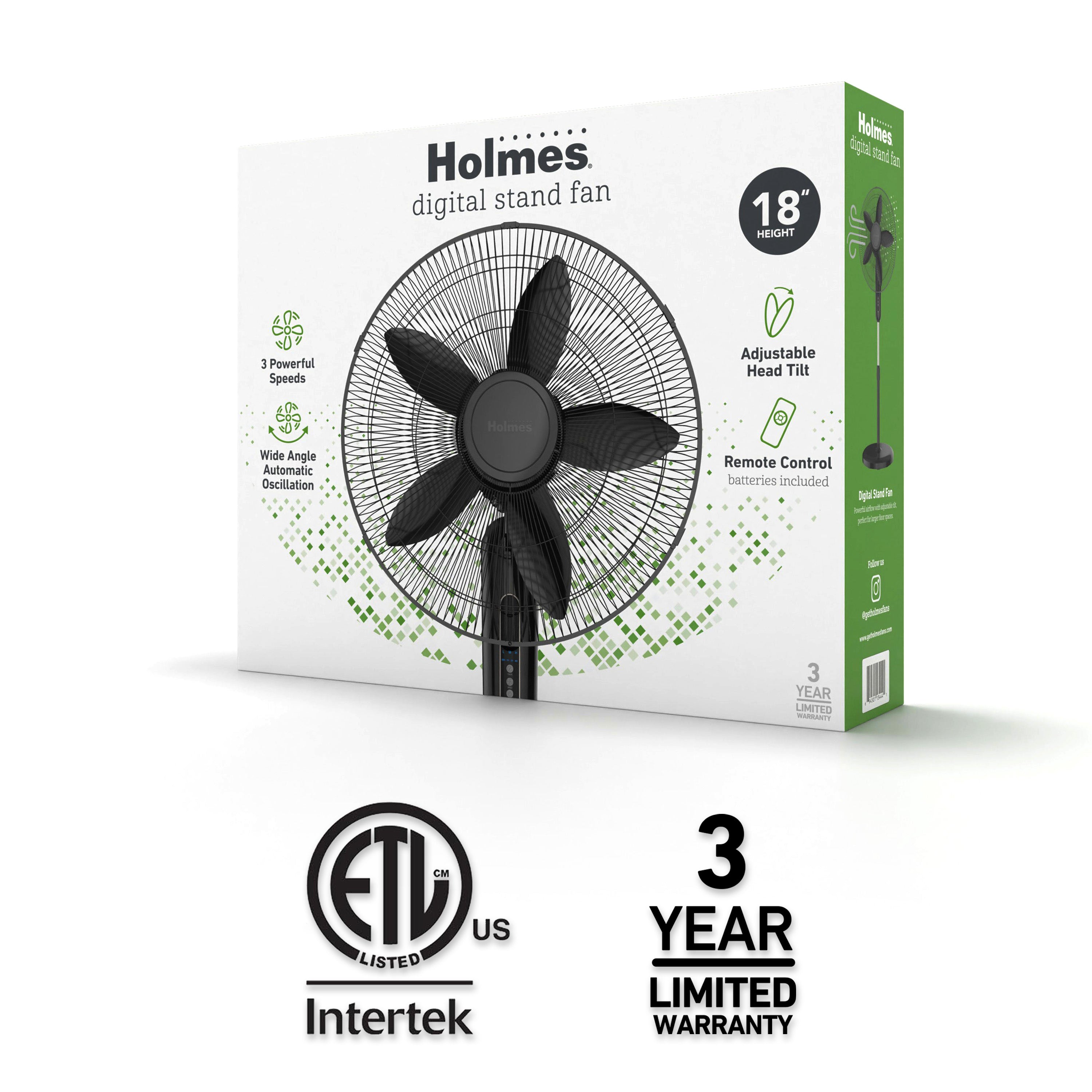 Holmes 18” Digital Stand Fan – 3-Speed, Adjustable Head Tilt, 75° Oscillation, 7.5-Hour Timer, Remote Control