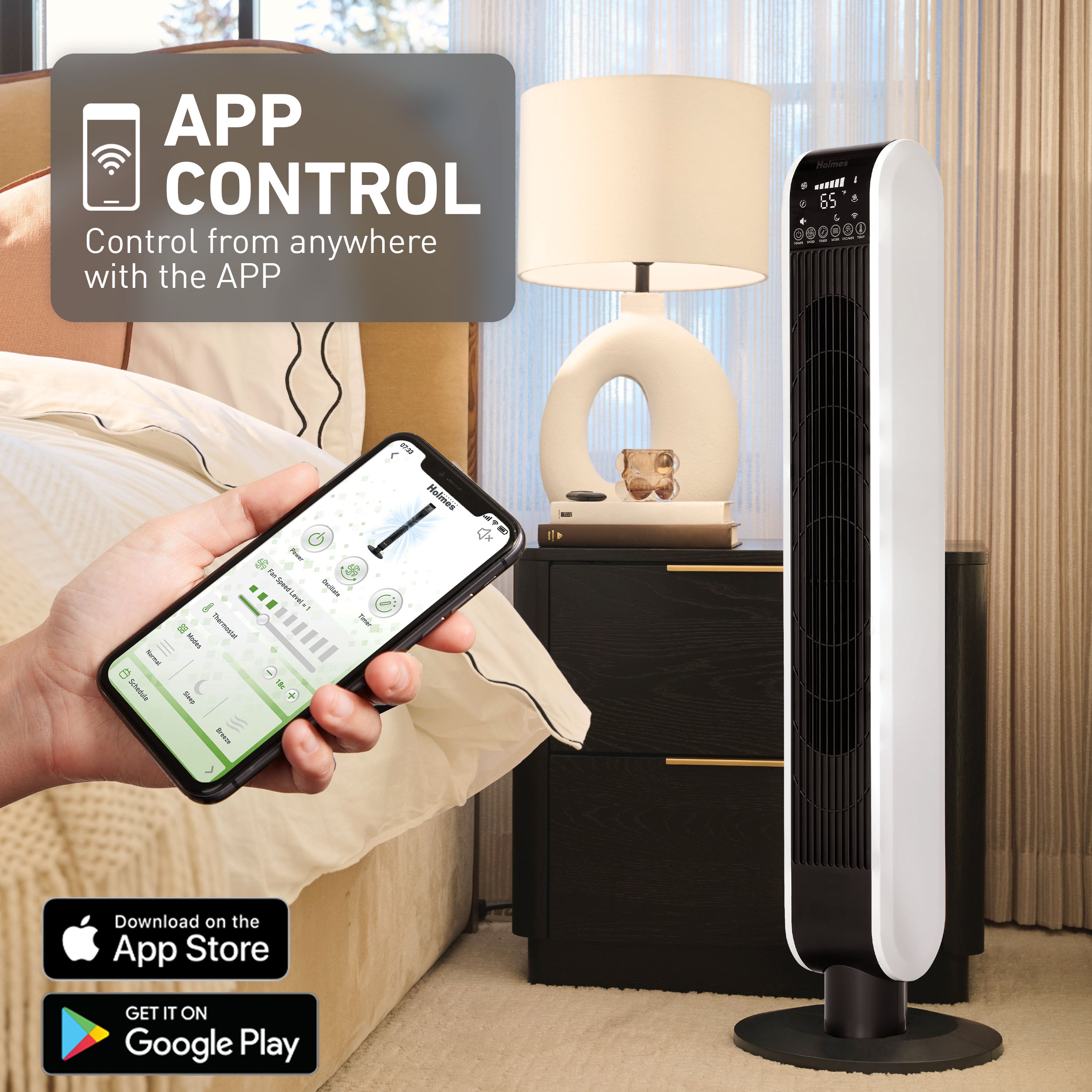 Holmes 40” BreezePro WiFi Tower Fan, CleanBreeze, ClearRead Display, Thermostat, Remote, Black-White