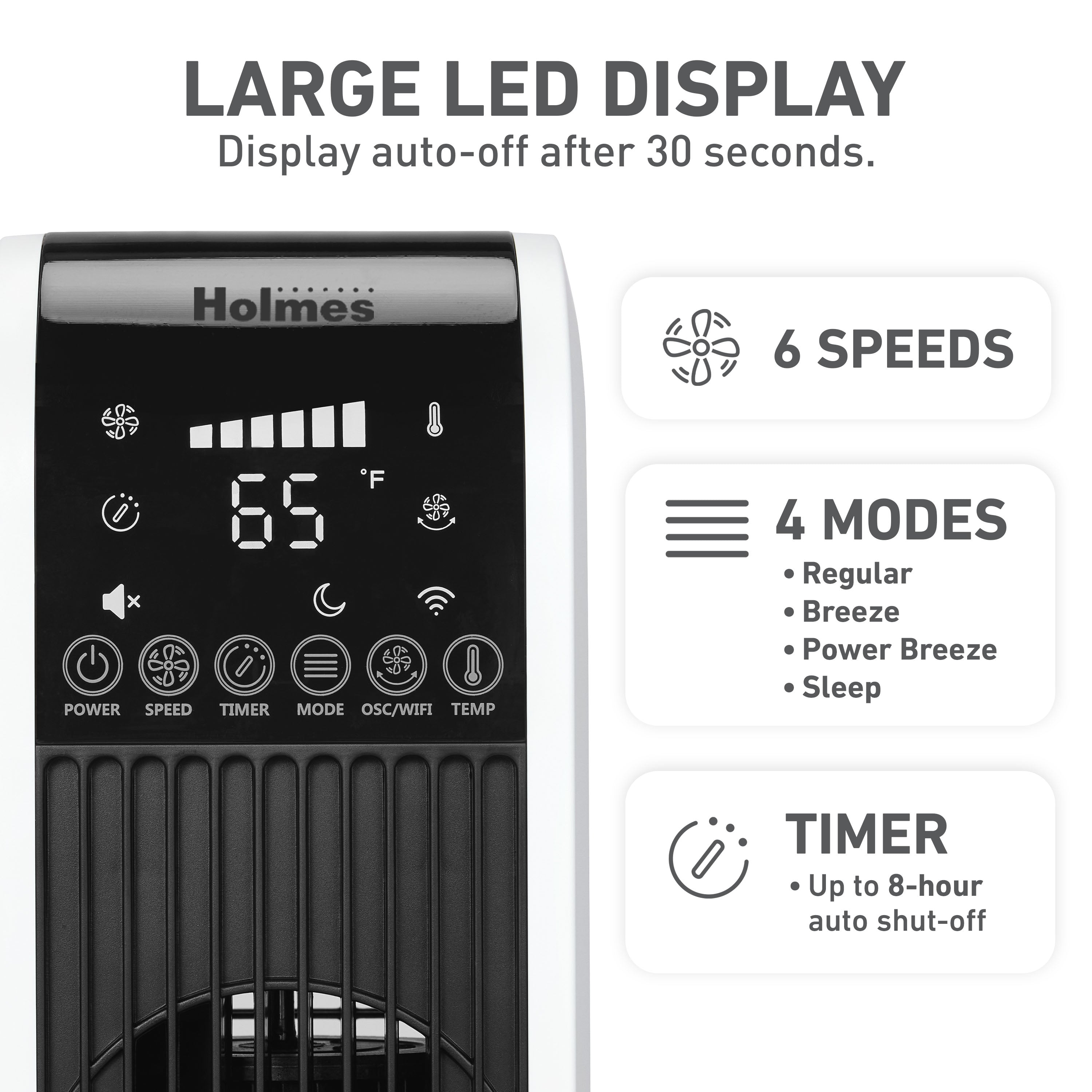 Holmes 40” BreezePro WiFi Tower Fan, CleanBreeze, ClearRead Display, Thermostat, Remote, Black-White