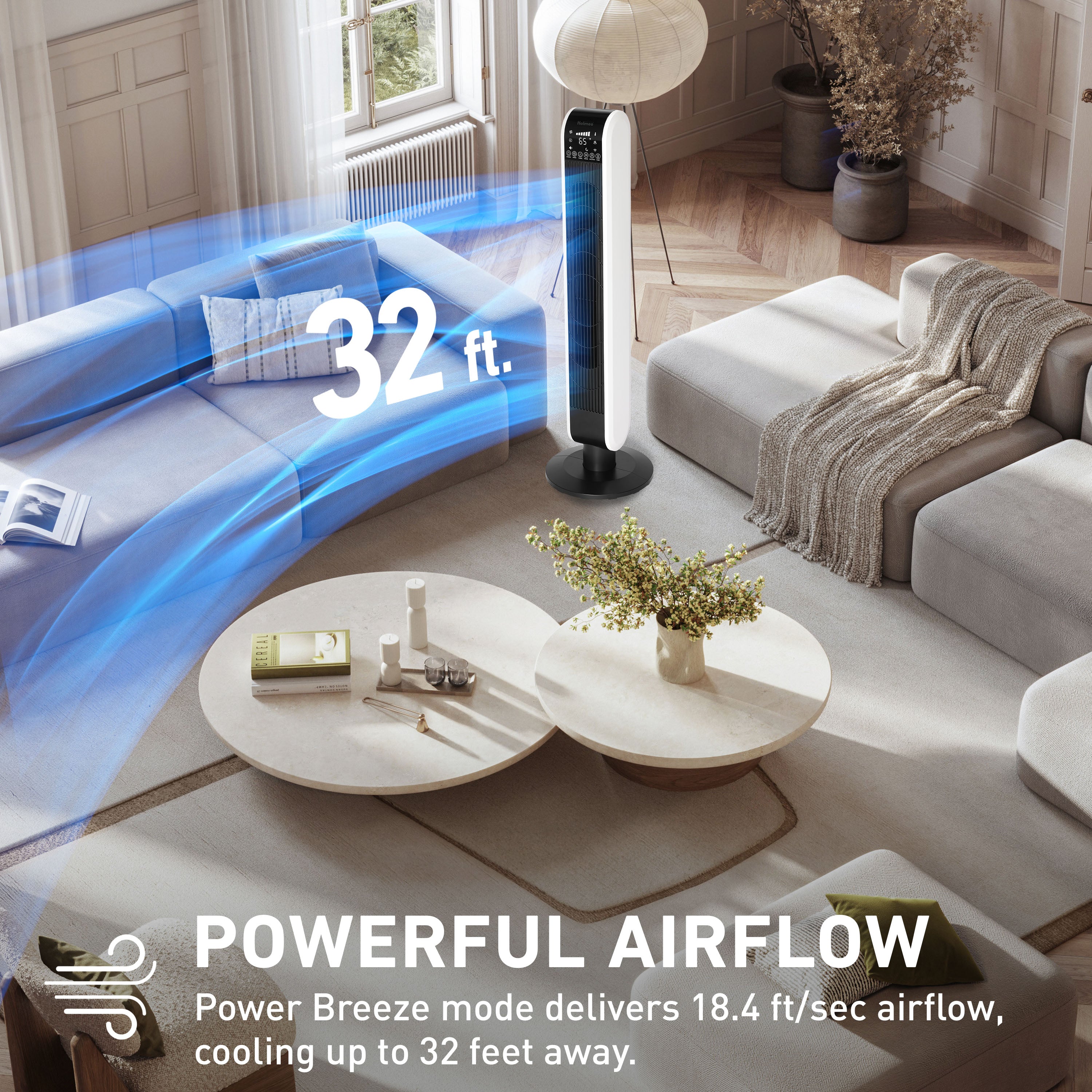 Holmes 40” BreezePro WiFi Tower Fan, CleanBreeze, ClearRead Display, Thermostat, Remote, Black-White