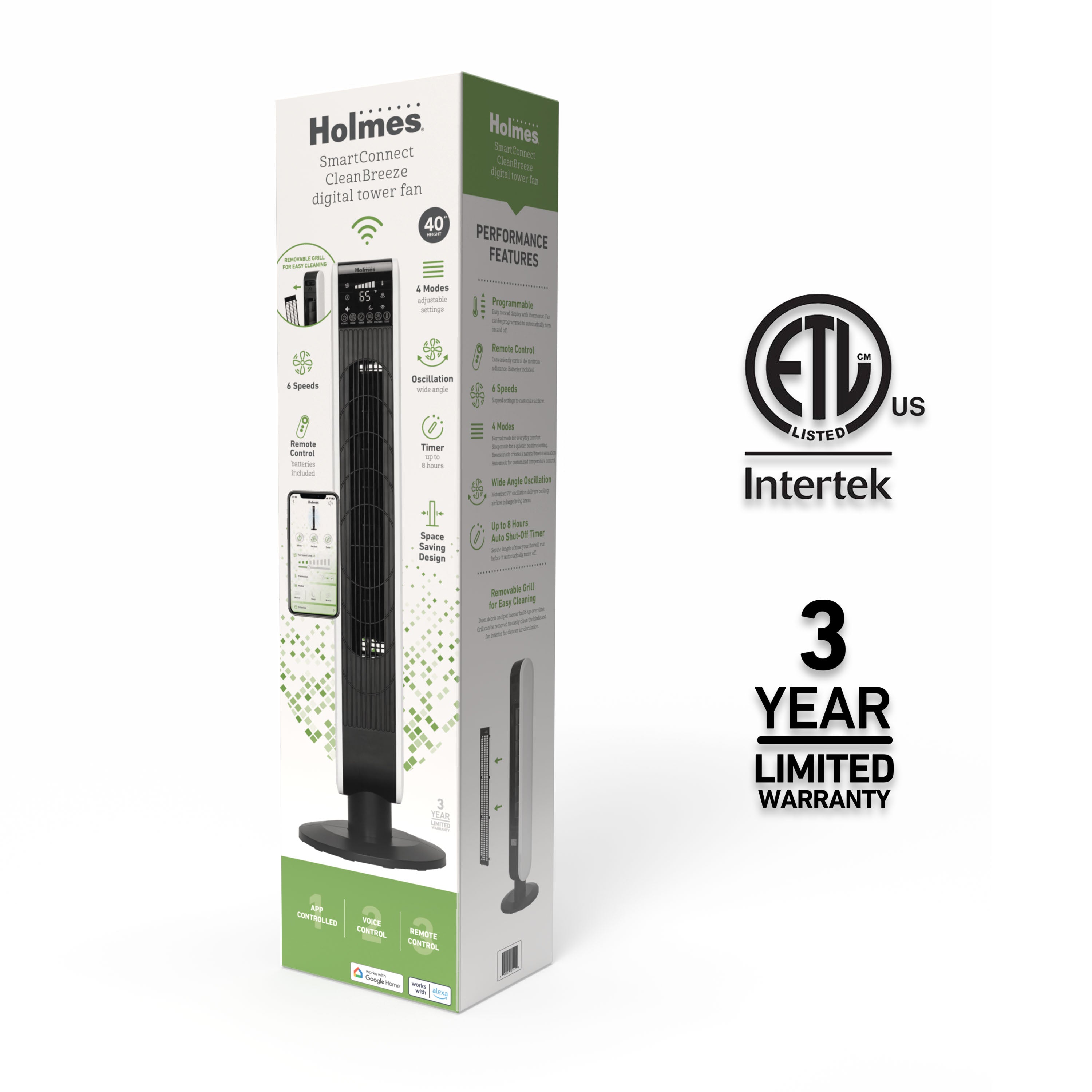 Holmes 40” BreezePro WiFi Tower Fan, CleanBreeze, ClearRead Display, Thermostat, Remote, Black-White